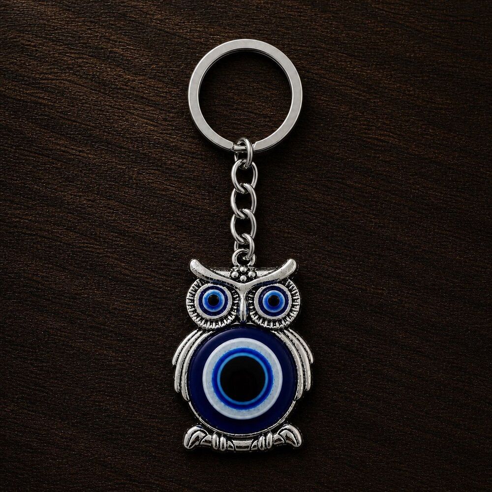Owl Evil Eye Keychain Silver Charm Protection Amulet Boho Gift